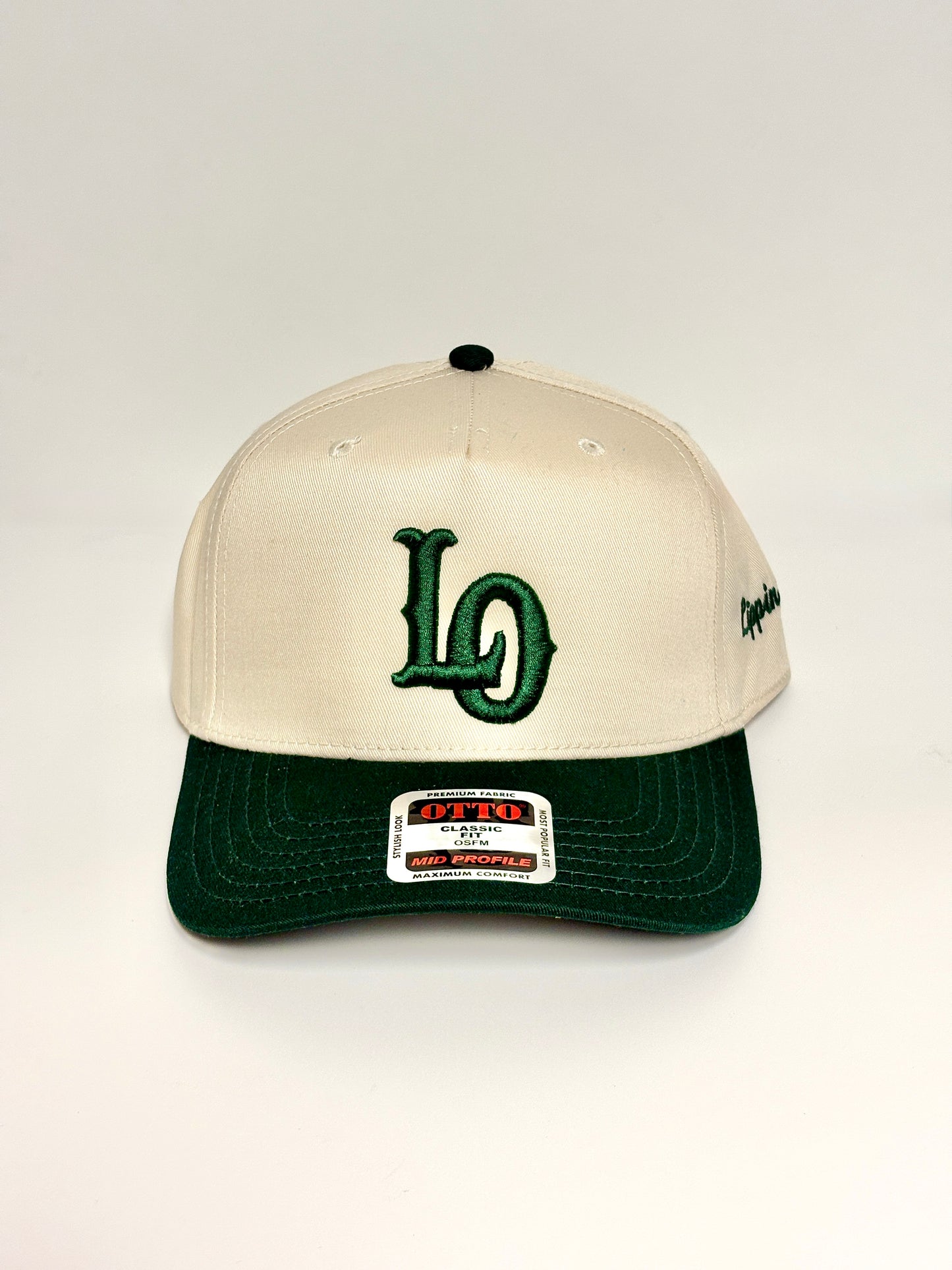“LO” Forest green and off white snap.